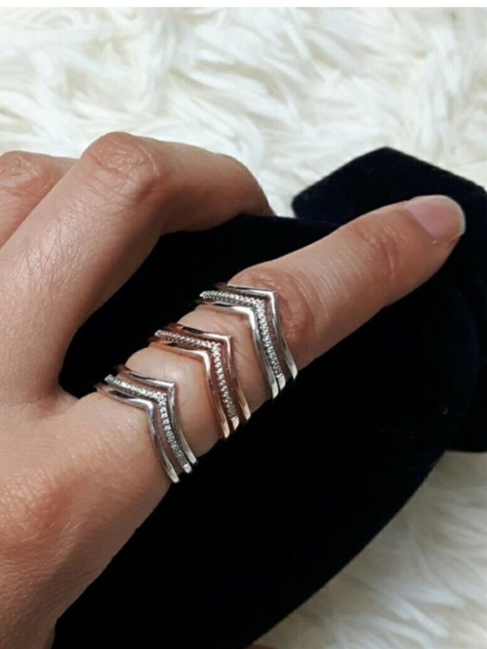 Rhinestone Encrusted Triple V Rings